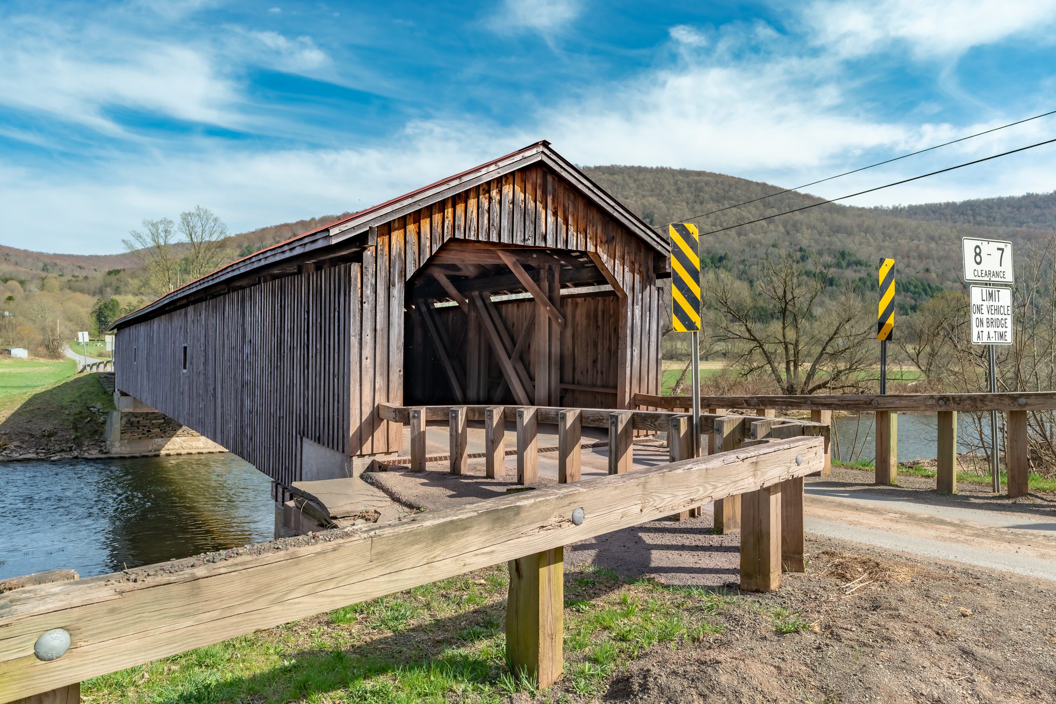Historic Hamden timber covered bridge in the Hamlet of Hamden, Delaware County NY
